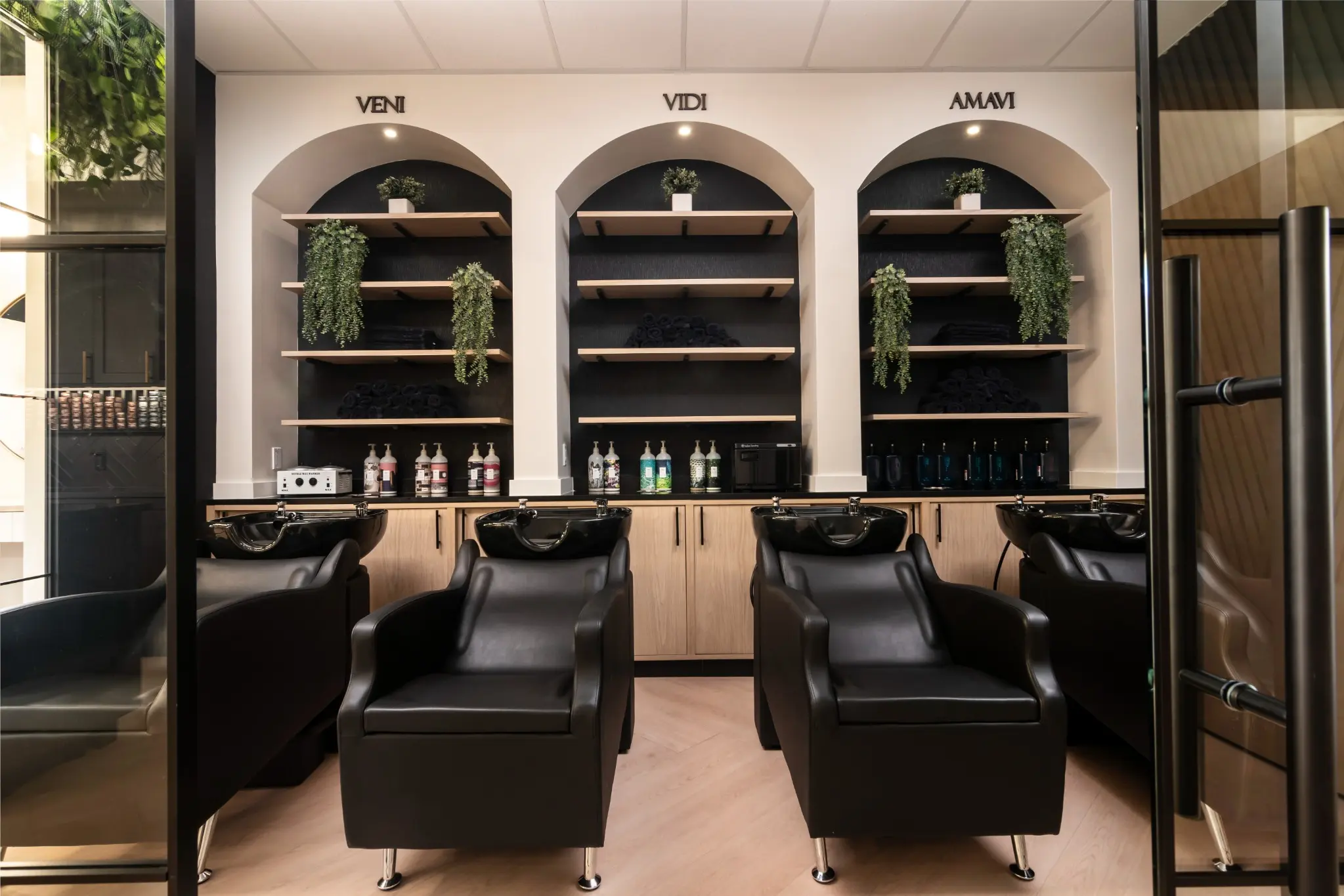 Relaxing shampoo area inside AMAVI Salon